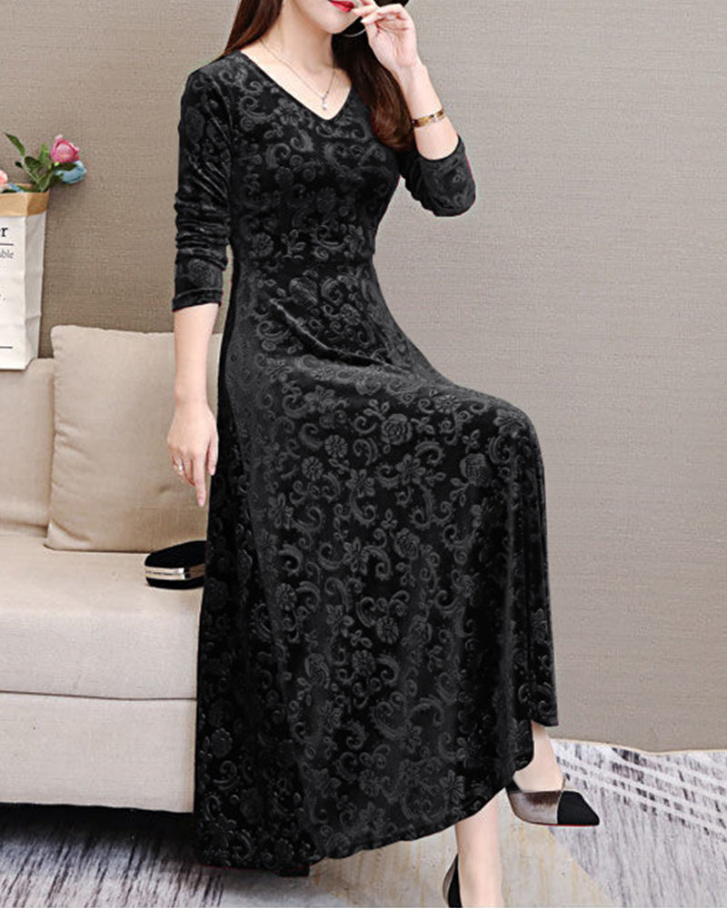 Velvet Midi Dress with Long Sleeves - Selina-Red wine-M-The Livary