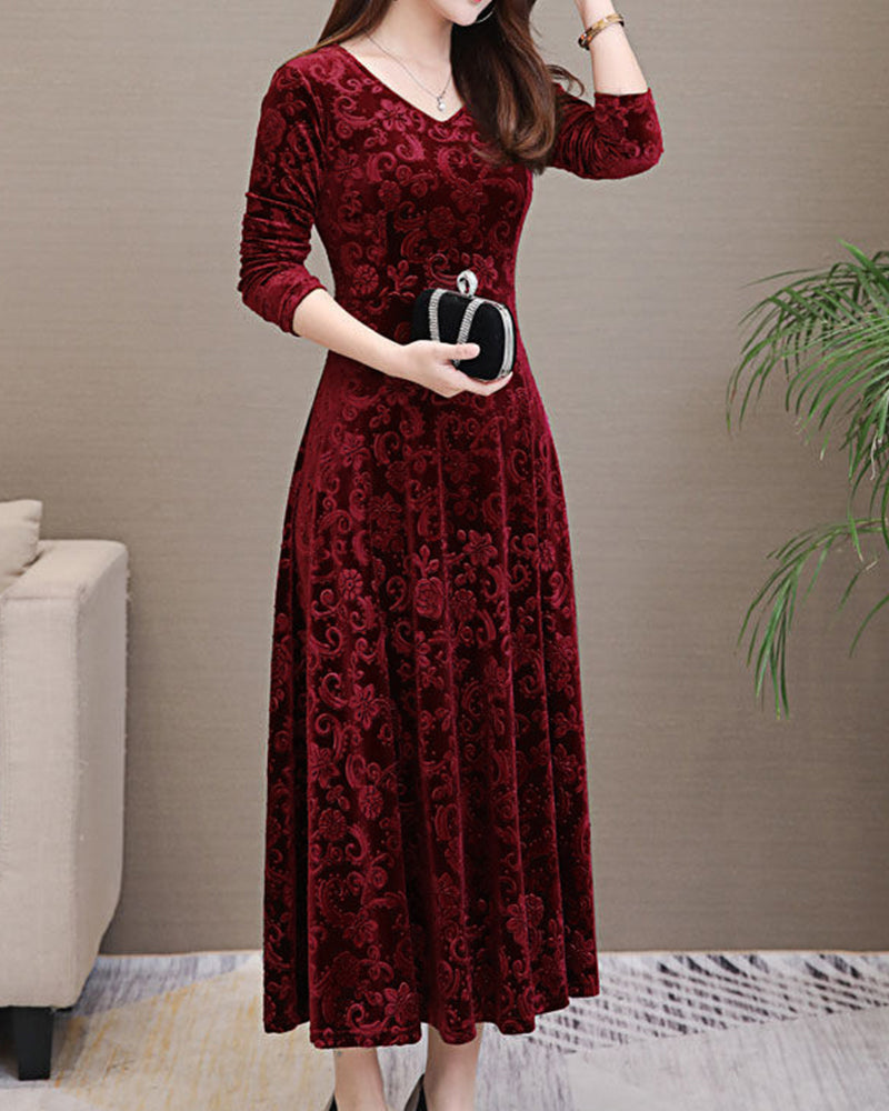 Velvet Midi Dress with Long Sleeves - Selina-Red wine-M-The Livary