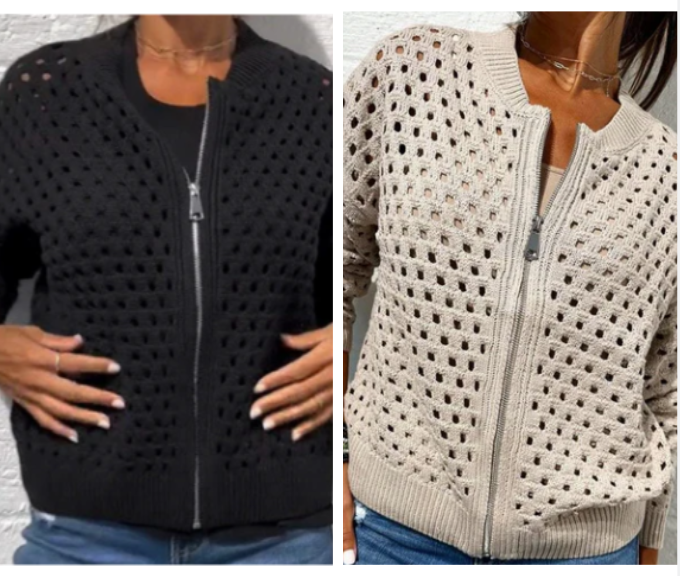 Zipper cardigan with airy structure – Fenja-Black-S-The Livary