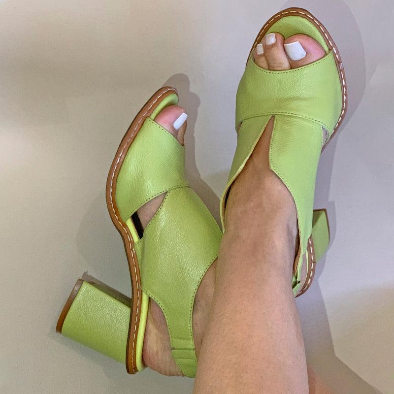 Women’s leather sandals with heel & comfort footbed – Selina-Lime green-2.5-The Livary