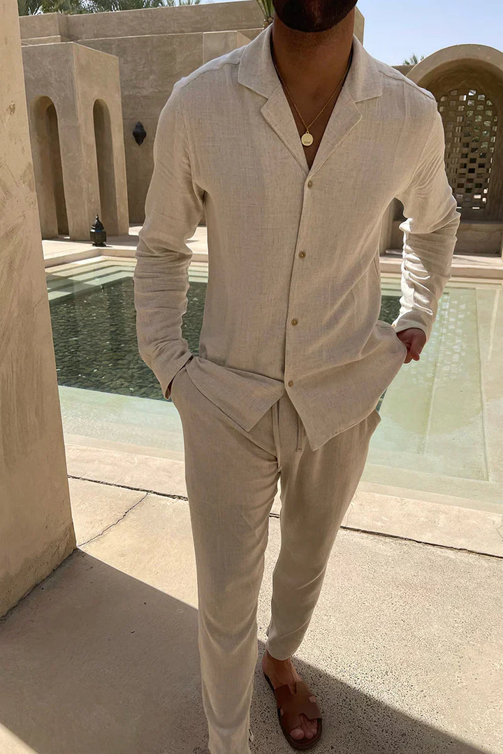 Lightweight linen summer set for men with Cuban collar – Edward-S-The Livary