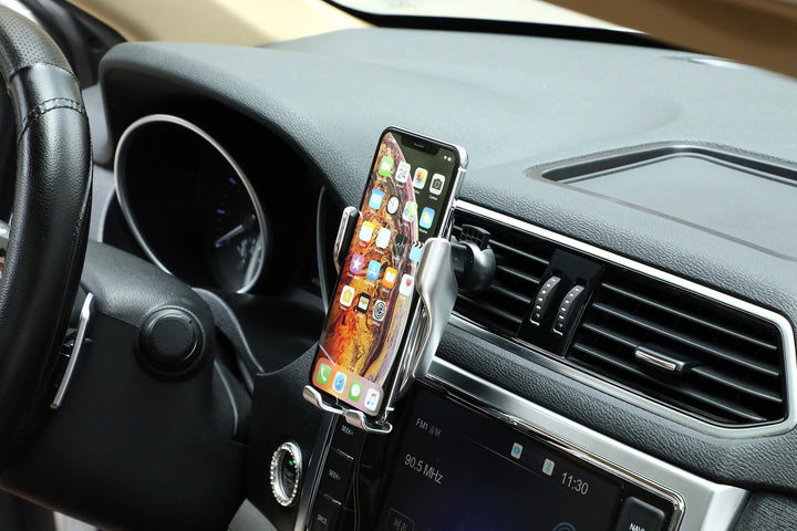 Automatic Phone Holder with Wireless Charger – GripCharge-Silver-The Livary