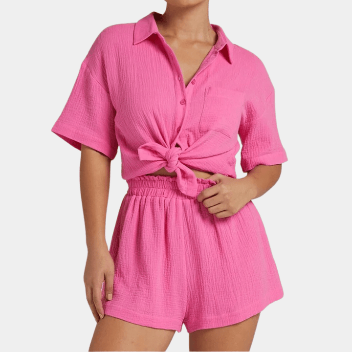 Two-piece ladies summer set with shirt and shorts – Noemi-Pink-XS-The Livary