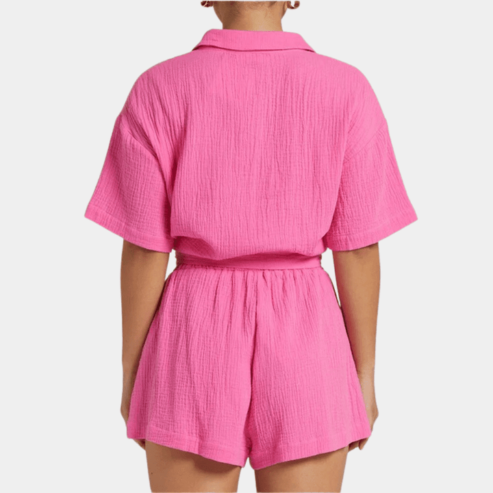Two-piece ladies summer set with shirt and shorts – Noemi-Pink-XS-The Livary