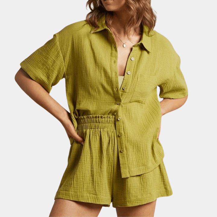 Two-piece ladies summer set with shirt and shorts – Noemi-Green-XS-The Livary