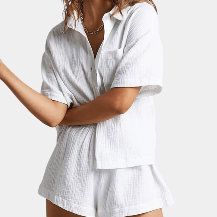 Two-piece ladies summer set with shirt and shorts – Noemi-White-XS-The Livary