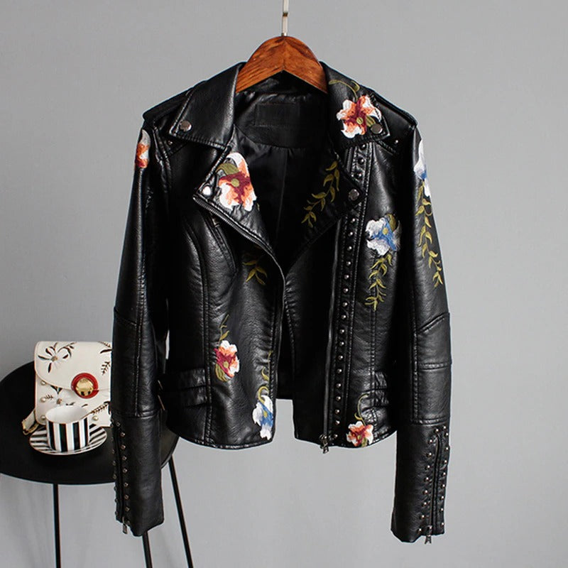 Embroidered women's faux leather biker jacket – Eleonora-Black-S-The Livary