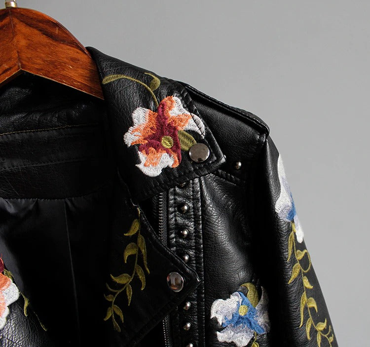 Embroidered women's faux leather biker jacket – Eleonora-Black-S-The Livary