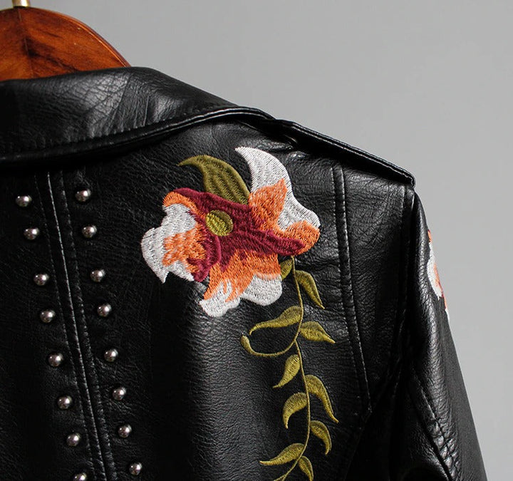 Embroidered women's faux leather biker jacket – Eleonora-Black-S-The Livary