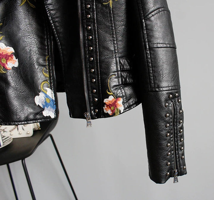 Embroidered women's faux leather biker jacket – Eleonora-Black-S-The Livary