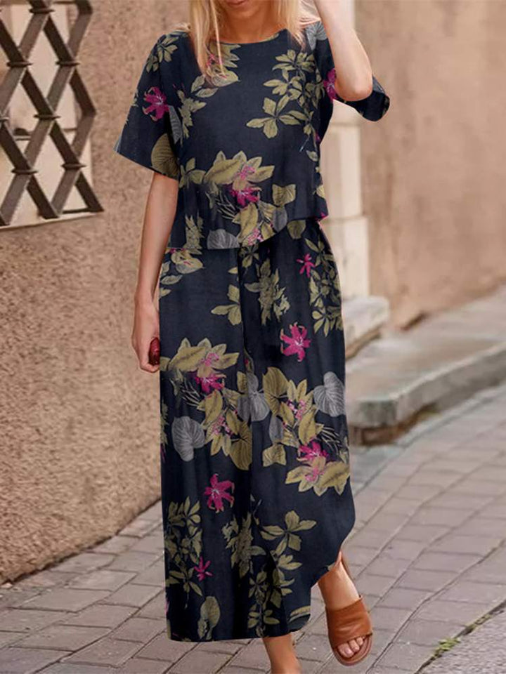 Lightweight two-piece summer outfit made of cotton with a flattering fit – Boho Set Zephyra-Navy Blue/Pink-S-The Livary