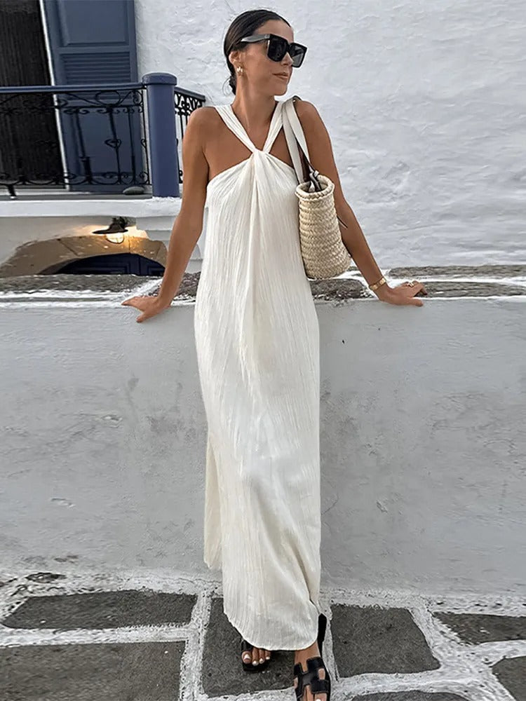 Trendy sleeveless summer dress with a loose fit – Mikayla-Beige-S-The Livary