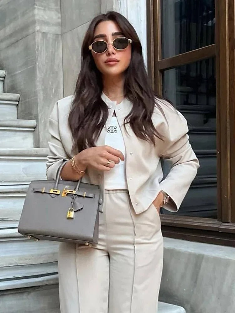 Light women's bomber jacket for summer – Casual chic with stand-up collar-Beige-S-The Livary