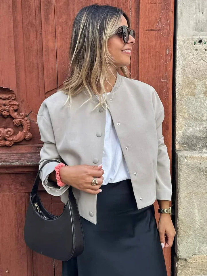 Light women's bomber jacket for summer – Casual chic with stand-up collar-Beige-S-The Livary