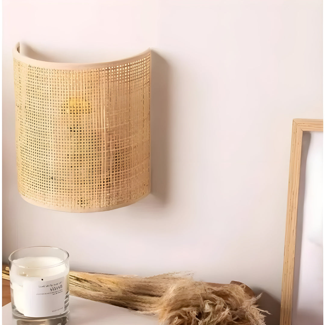Contemporary Rattan Woven Wall Lamp - WeaveGlow-Beige-The Livary