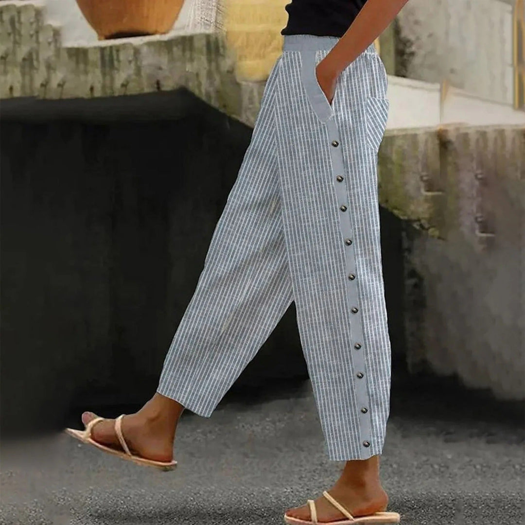 Striped High-Waist Ladies' Trousers with Decorative Buttons – Florence-Gray-S-The Livary