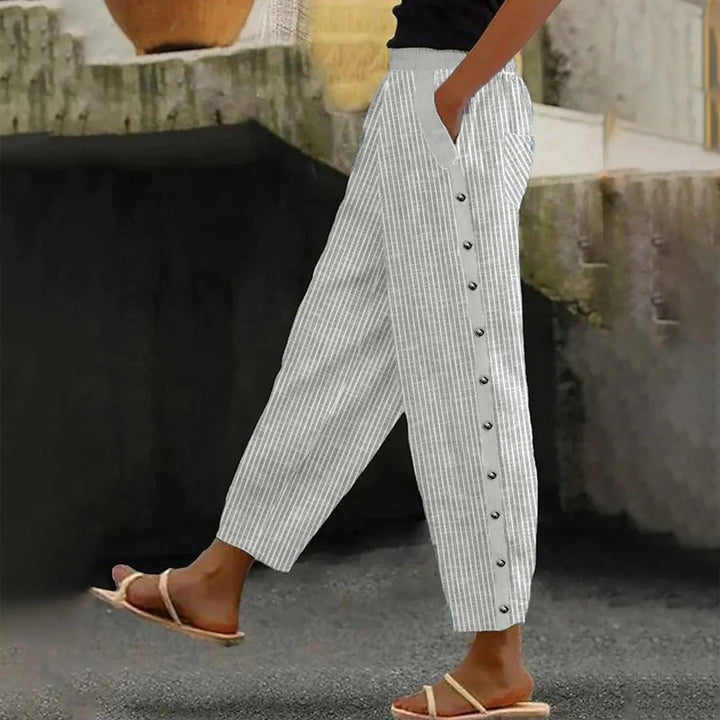 Striped High-Waist Ladies' Trousers with Decorative Buttons – Florence-Gray-S-The Livary