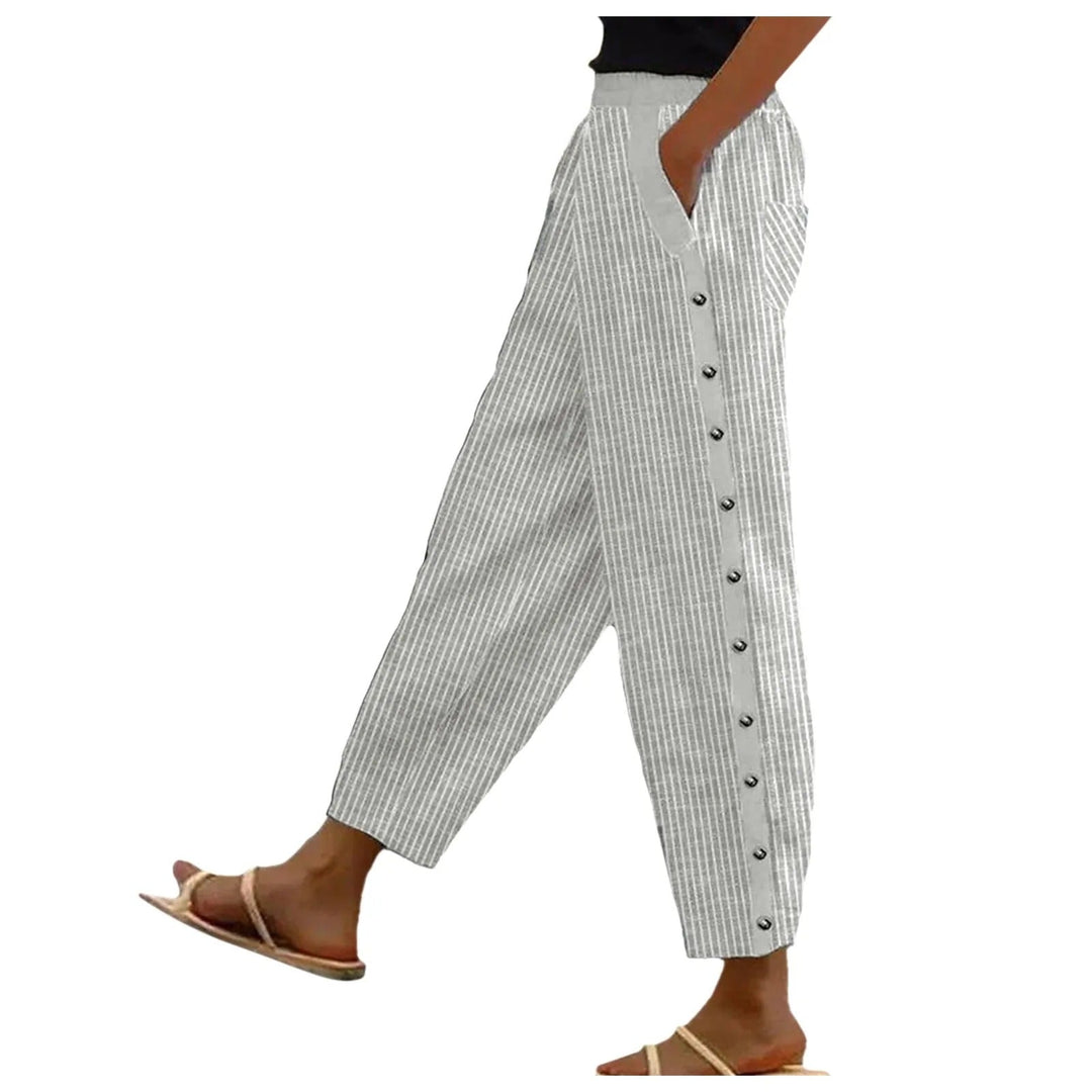 Striped High-Waist Ladies' Trousers with Decorative Buttons – Florence-Gray-S-The Livary