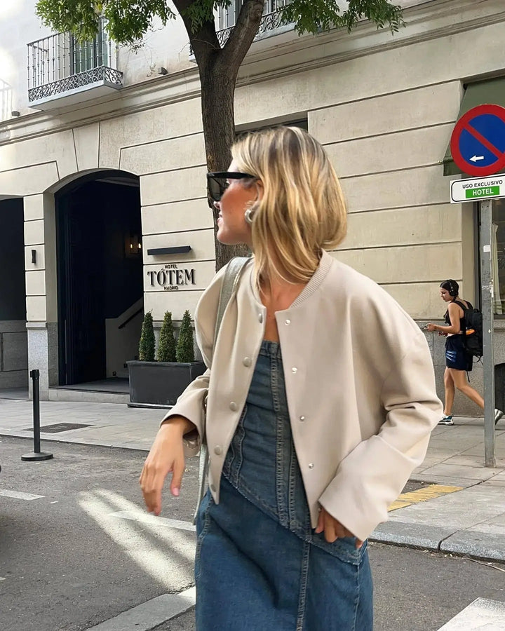 Light women's bomber jacket for summer – Casual chic with stand-up collar-Beige-S-The Livary