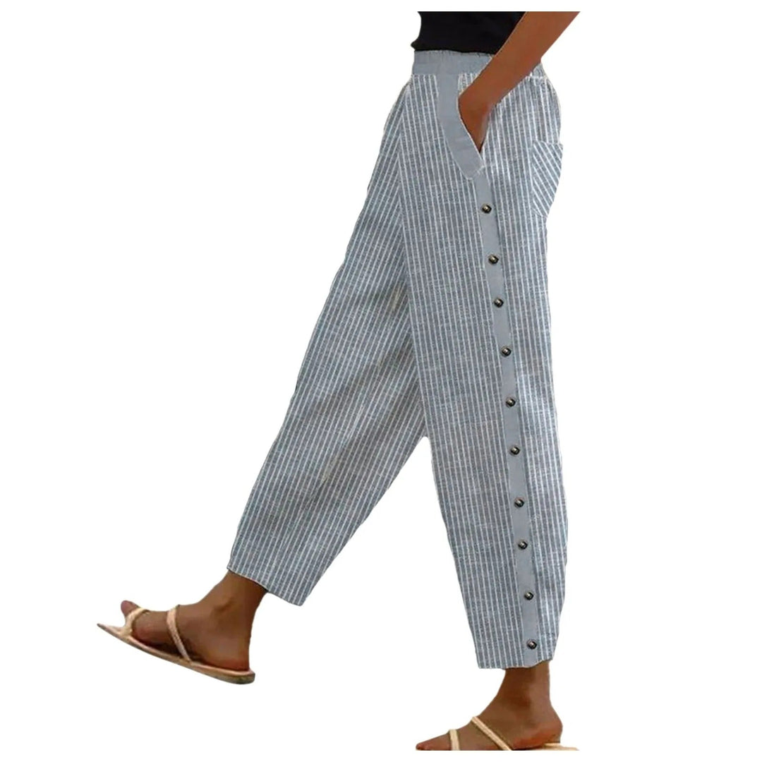 Striped High-Waist Ladies' Trousers with Decorative Buttons – Florence-Blue-S-The Livary