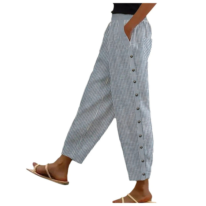 Striped High-Waist Ladies' Trousers with Decorative Buttons – Florence-Blue-S-The Livary