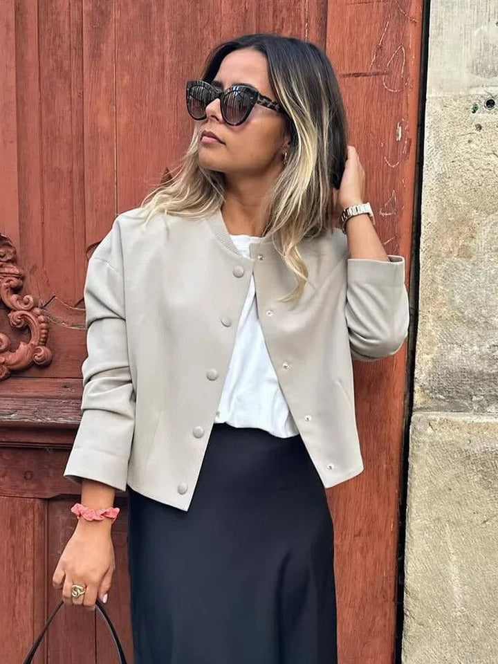 Light women's bomber jacket for summer – Casual chic with stand-up collar-Beige-S-The Livary