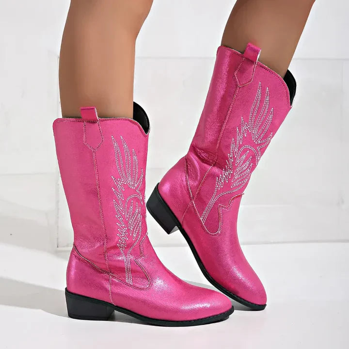 PU Leather Ladies Cowboy Boots with Soft Lining - Clara-Pink-3.5-The Livary