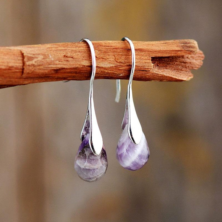 Natural Drop Gemstone Earrings - Serenella-Amethyst-The Livary