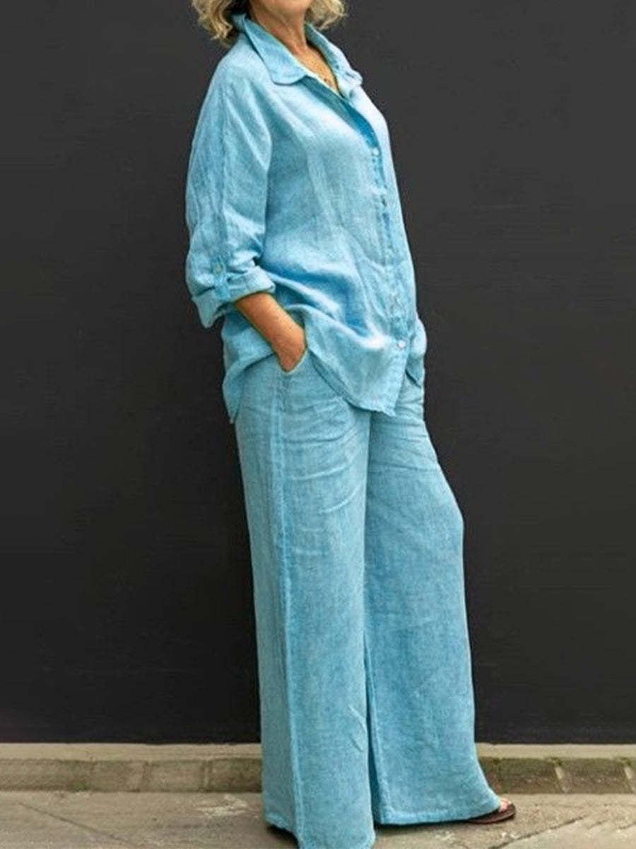Two-piece cotton-linen women's suit summer - Linora-Light blue-S-The Livary