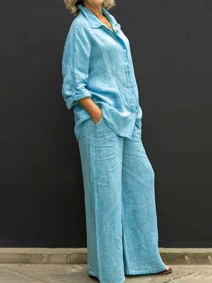 Two-piece cotton-linen women's suit summer - Linora-Light blue-S-The Livary