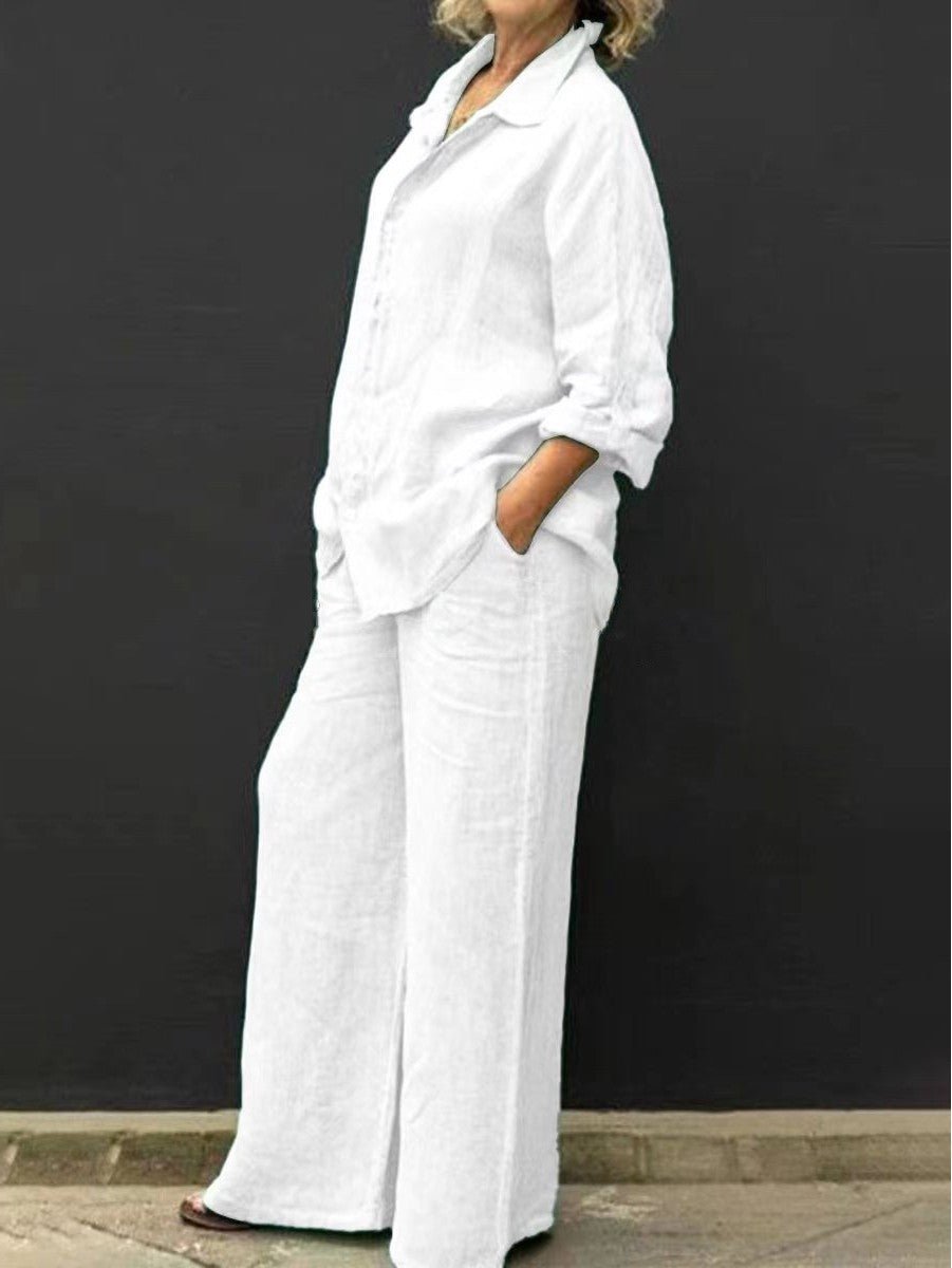 Two-piece cotton-linen women's suit summer - Linora-White-S-The Livary