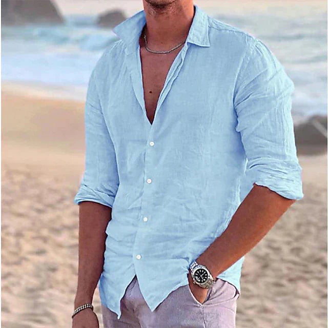 Casual men's linen shirt with long sleeves – Milan-Blue-S-The Livary