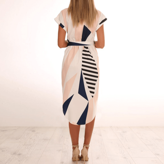 Trendy asymmetrical women's midi dress with print and waistbelt – Elira-S-The Livary