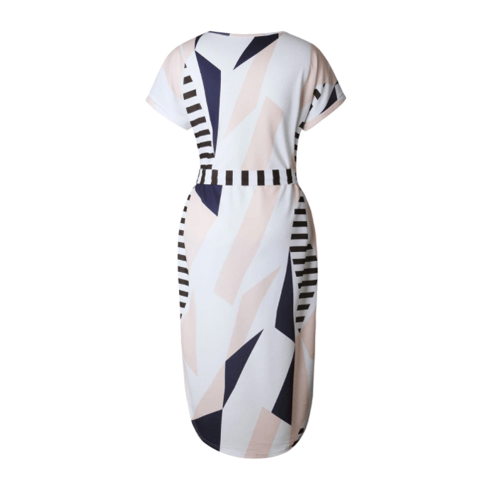 Trendy asymmetrical women's midi dress with print and waistbelt – Elira-S-The Livary
