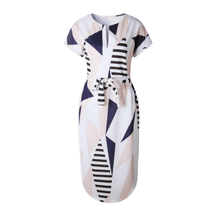 Trendy asymmetrical women's midi dress with print and waistbelt – Elira-S-The Livary