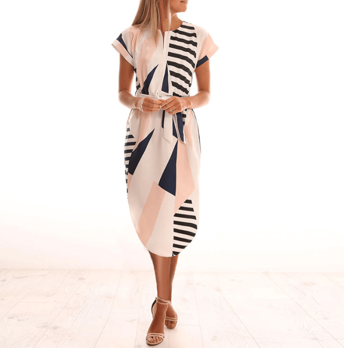 Trendy asymmetrical women's midi dress with print and waistbelt – Elira-S-The Livary