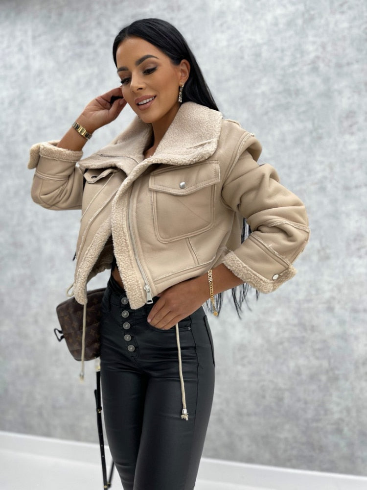 Motor jacket with Revers and Sherpa Lining - Zoë-Beige-S-The Livary