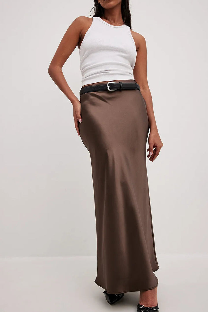 High Waist Satin Skirt – Leona-Brown-S-The Livary