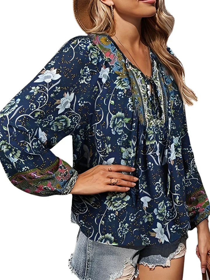 Vintage Boho summer blouse with floral print and long sleeves – Sana-Navy blue-S-The Livary