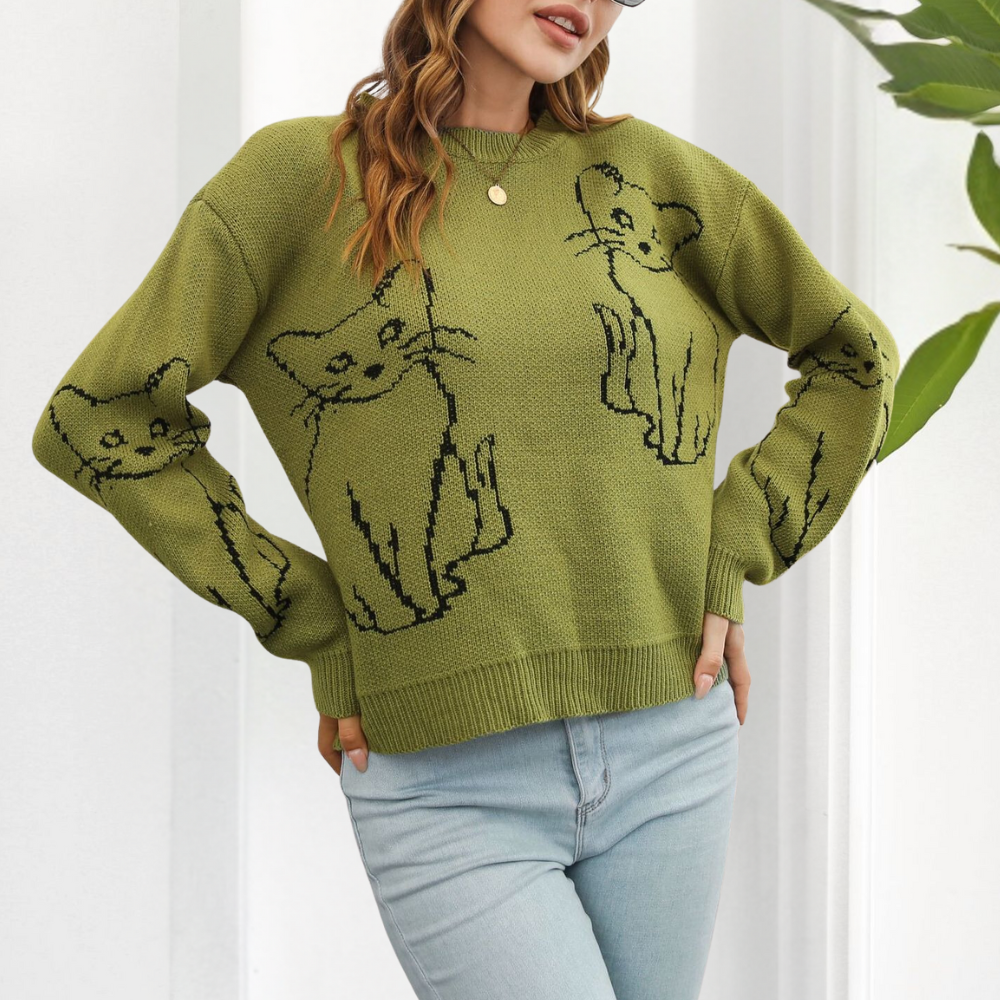 Kebell - Trendy Ladies' Sweater with Cats-Green-XS-The Livary