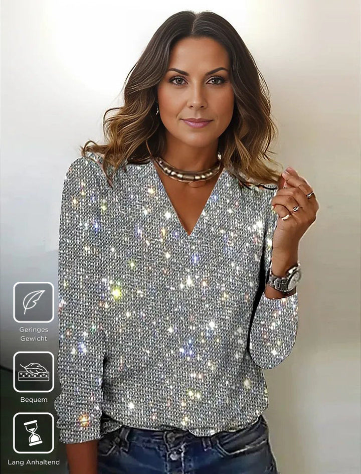 Shimmering Silver Disco Glitter V-Neck Long Sleeve - GlamFrost-S (36/38)-The Livary