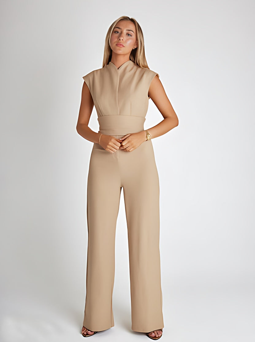Airy women's jumpsuit with wide legs and a V-neck – Maribel-Beige-S-The Livary
