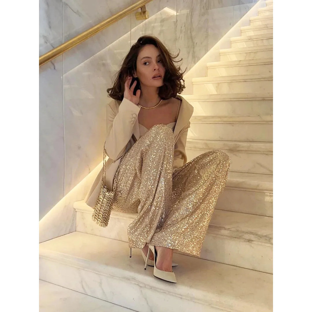 Silky Smooth Sequin Trousers - Luna-Gold-36-The Livary