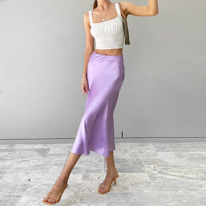 Satin shimmering women's midi skirt in A-line with high waist – Liora-Black-S-The Livary