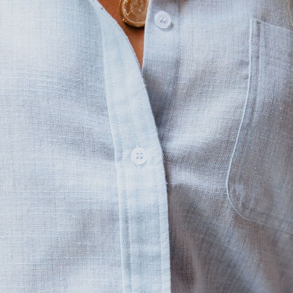 Linen-cotton ladies' shirt with chest pocket & stand-up collar – Malani-Blue-S-The Livary