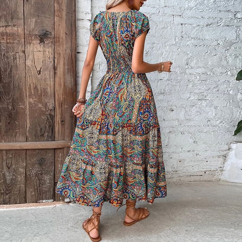 Airy women's maxi dress with ethnic print & V-neck – Nayeli-Blue-S-The Livary