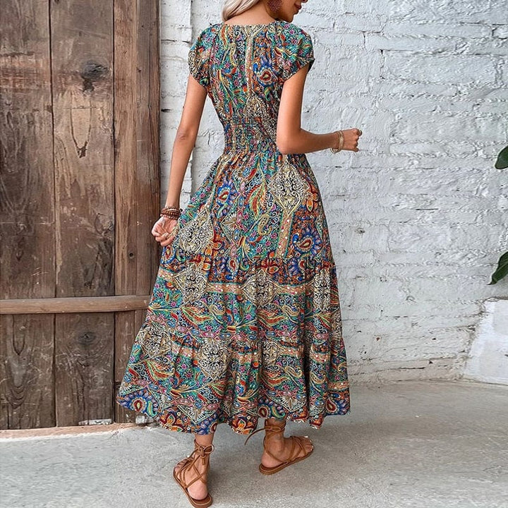 Airy women's maxi dress with ethnic print & V-neck – Nayeli-Blue-S-The Livary