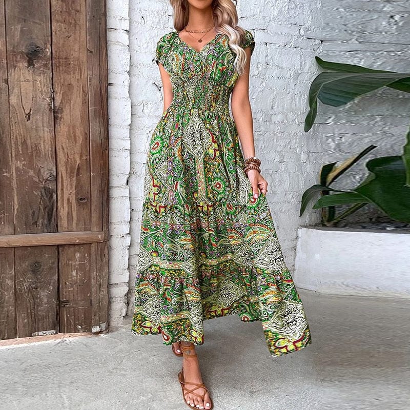 Airy women's maxi dress with ethnic print & V-neck – Nayeli-Green-S-The Livary