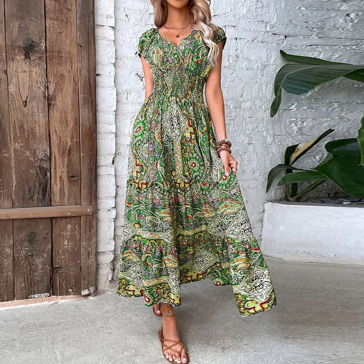 Airy women's maxi dress with ethnic print & V-neck – Nayeli-Green-S-The Livary