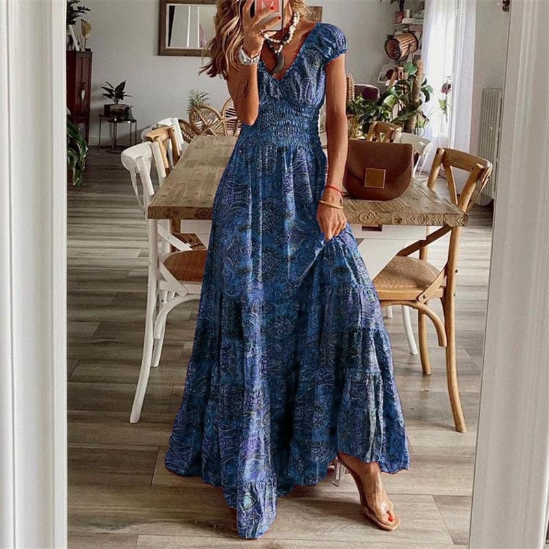 Airy women's maxi dress with ethnic print & V-neck – Nayeli-Dark blue-S-The Livary